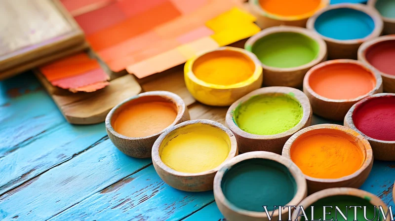 Colorful Paint in Wooden Bowls AI Image