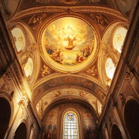 View of Church Interior with Painted Ceiling