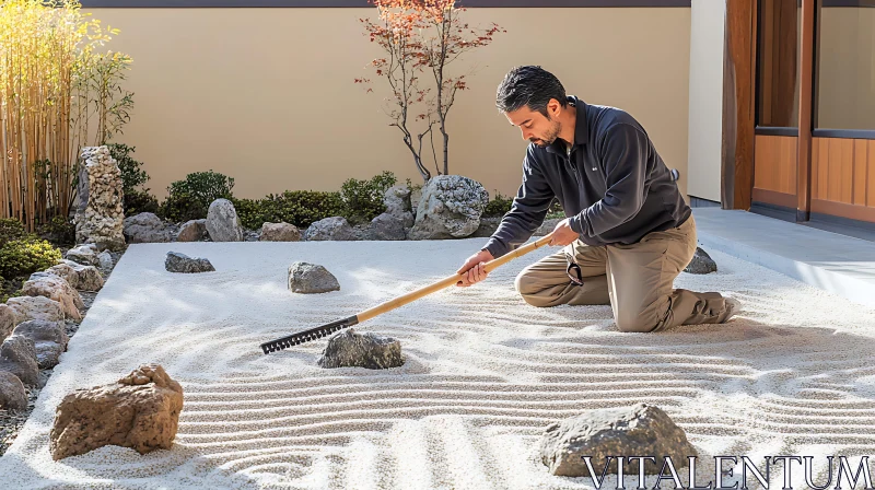 Man tending to a traditional Zen Garden AI Image