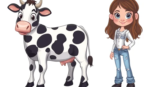 Cartoon Girl and Cow Illustration