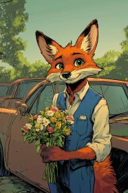 Fox Gentleman with Floral Bouquet