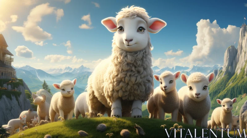 Animated Sheep in a Colorful Landscape - Childlike Innocence in Art AI Image