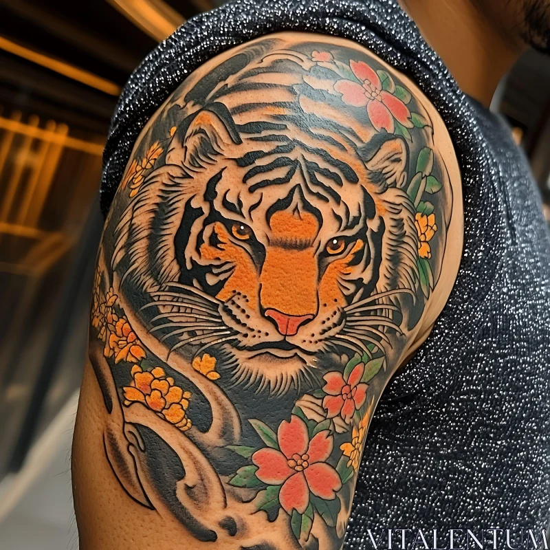 Tiger Tattoo with Flowers on Arm AI Image