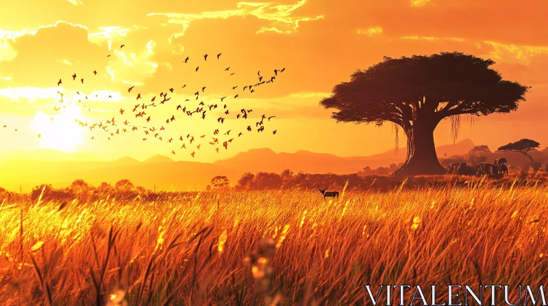 AI ART African Savanna Sunset with Birds and Deer