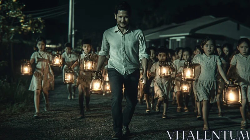 AI ART Children with Lanterns at Night