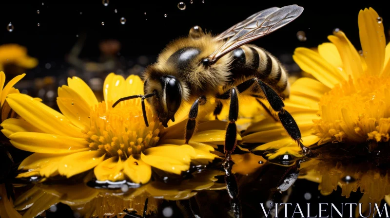 Bee Over Yellow Flowers with Water Droplets - Dark and Gritty AI Image