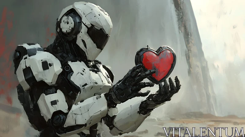 Robot with Heart Symbol in Misty Surroundings AI Image