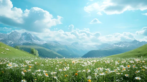 Alpine Meadow Landscape with Daisy Field