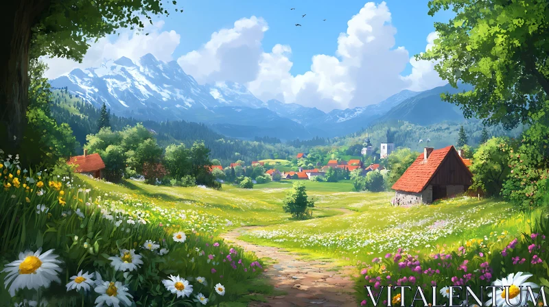 AI ART Scenic Mountain Village Landscape