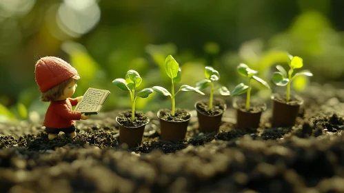 Tiny Figure Reading to Seedlings
