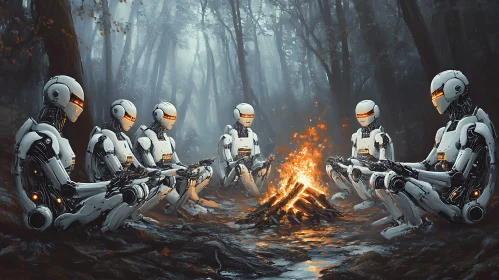 Robots around campfire in the forest