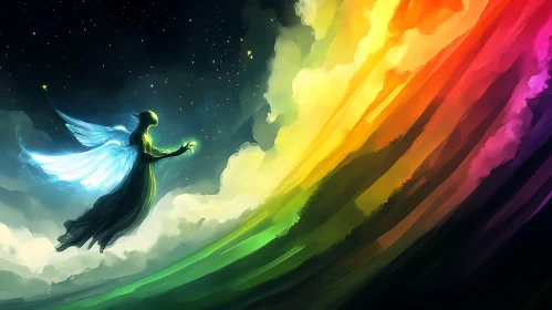 Angel in Starry Sky with Rainbow