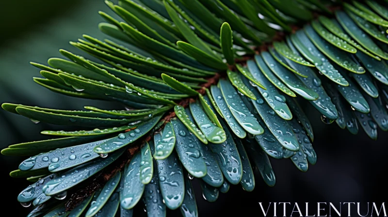 AI ART Enigmatic Tropics: Majestic Pine Branch Adorned with Water Droplets