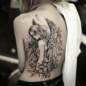 Serene Woman with Angel Wings Tattoo and Floral Elements