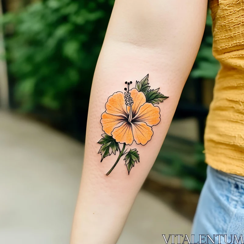 Detailed Hibiscus Flower Tattoo with Green Leaves AI Image