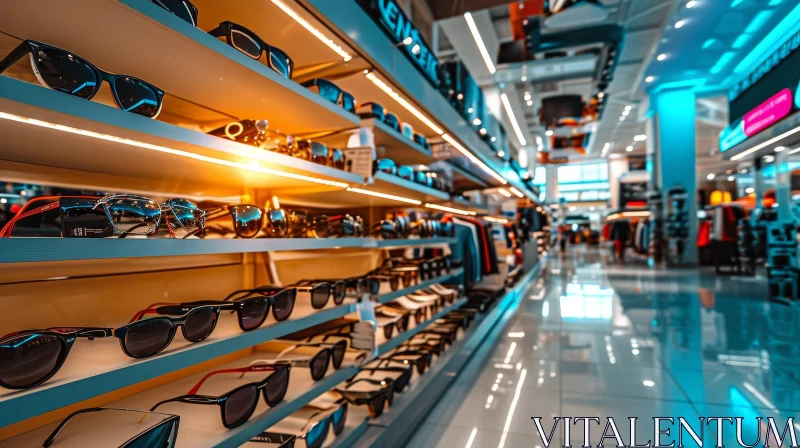 Stylish Sunglasses Store with Illuminated Shelves AI Image