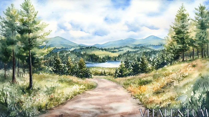 AI ART Tranquil Mountain Vista Watercolor Art