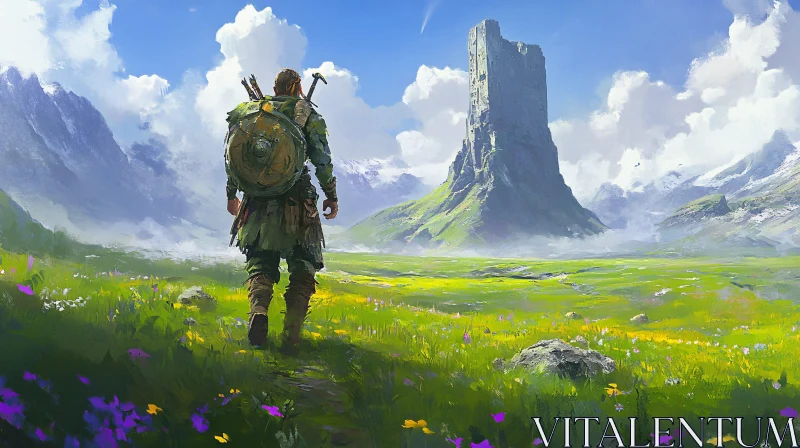 AI ART Meadow Path to Ancient Tower