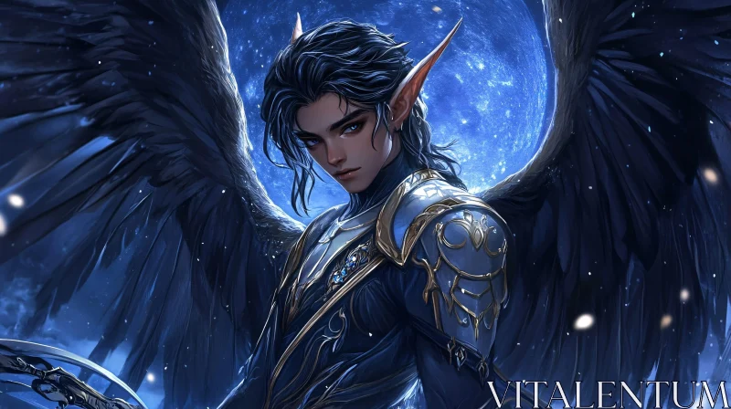 Mystic Elf with Wings Under Moon AI Image