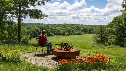 Man Seated Overlooking Green Field