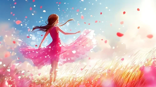 Anime Girl in Field with Flower Petals