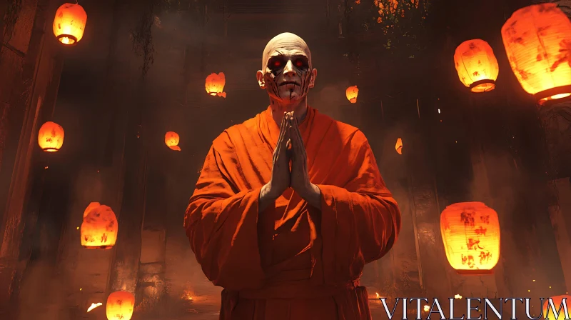 Sinister Monk Surrounded by Lanterns AI Image