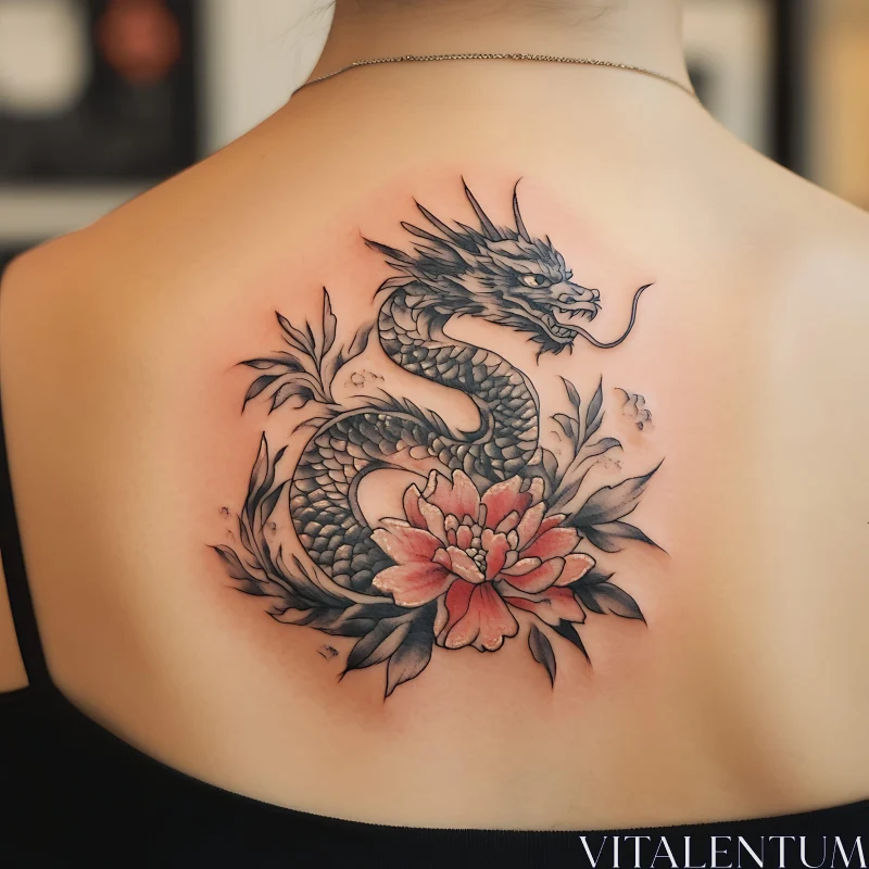 Back Tattoo Featuring Dragon and Flower AI Image