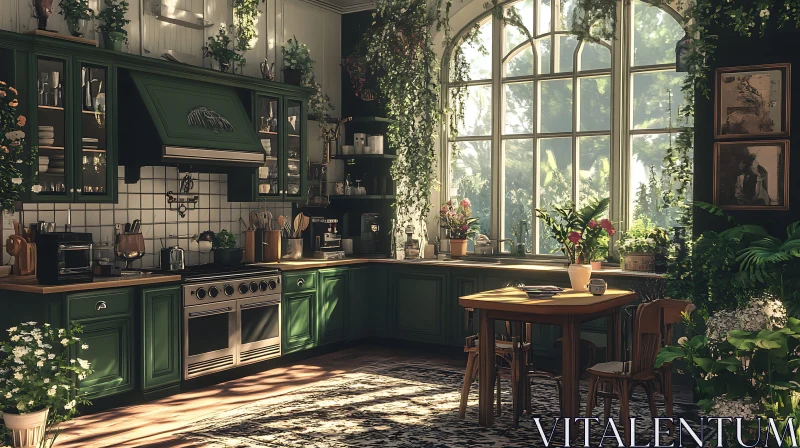 Green Kitchen Interior with Natural Light AI Image