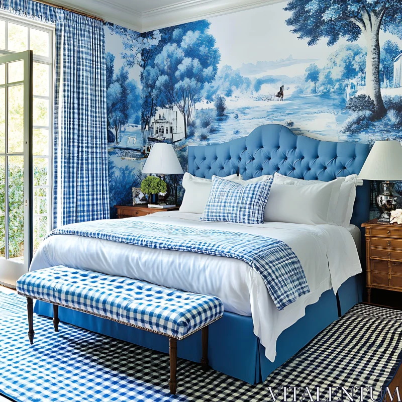 Classic Blue Bedroom with Gingham Accents AI Image