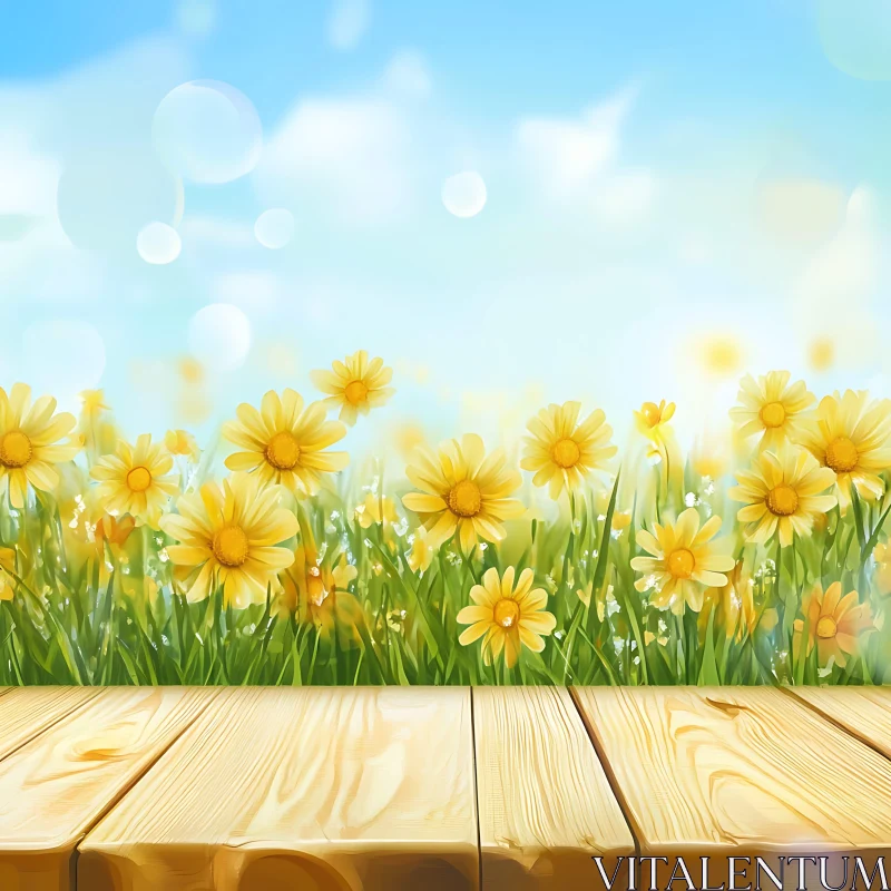 Floral Meadow with Wooden Foreground AI Image