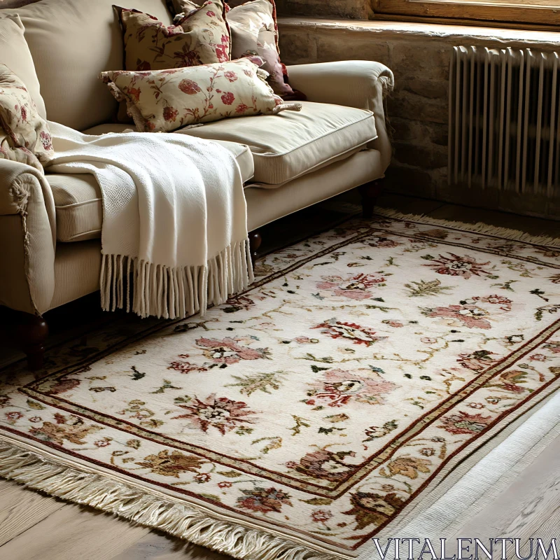 AI ART Comfortable Living Room with Floral Design Rug