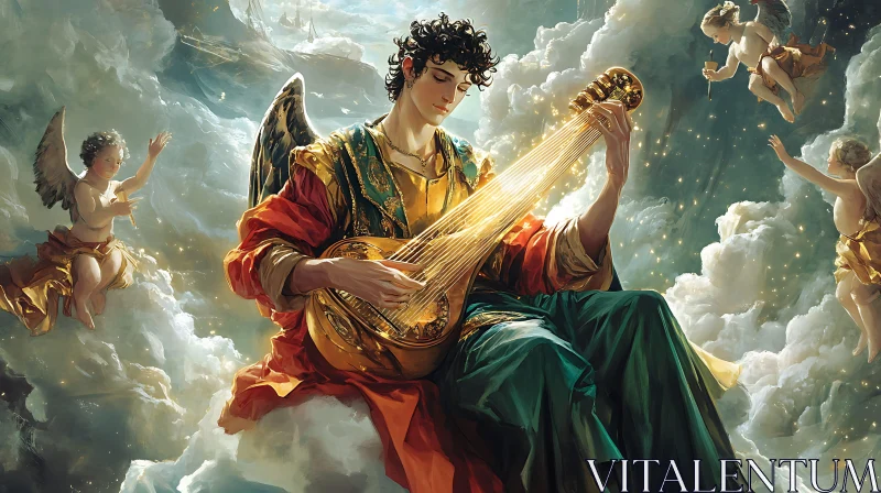 Celestial Musician with Golden Instrument AI Image