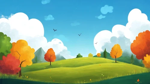 Serene Cartoon Landscape with Hills and Clouds