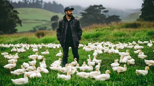 Man and Ducklings on Green Meadow