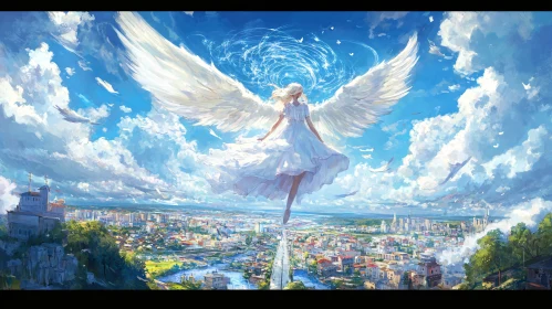 Winged Angel Over Urban Landscape