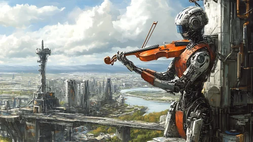 Cyborg Musician Overlooking Futuristic Cityscape