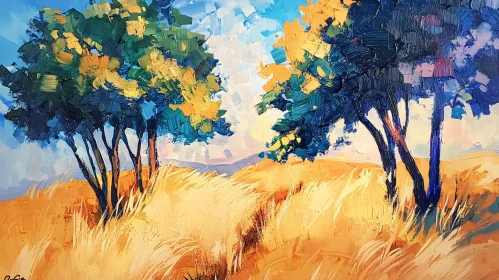 Golden Field and Trees Landscape Art