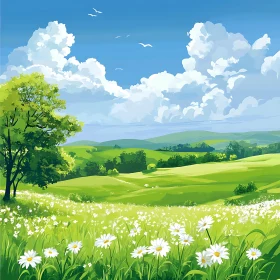 Scenic Field of Flowers Under Blue Sky