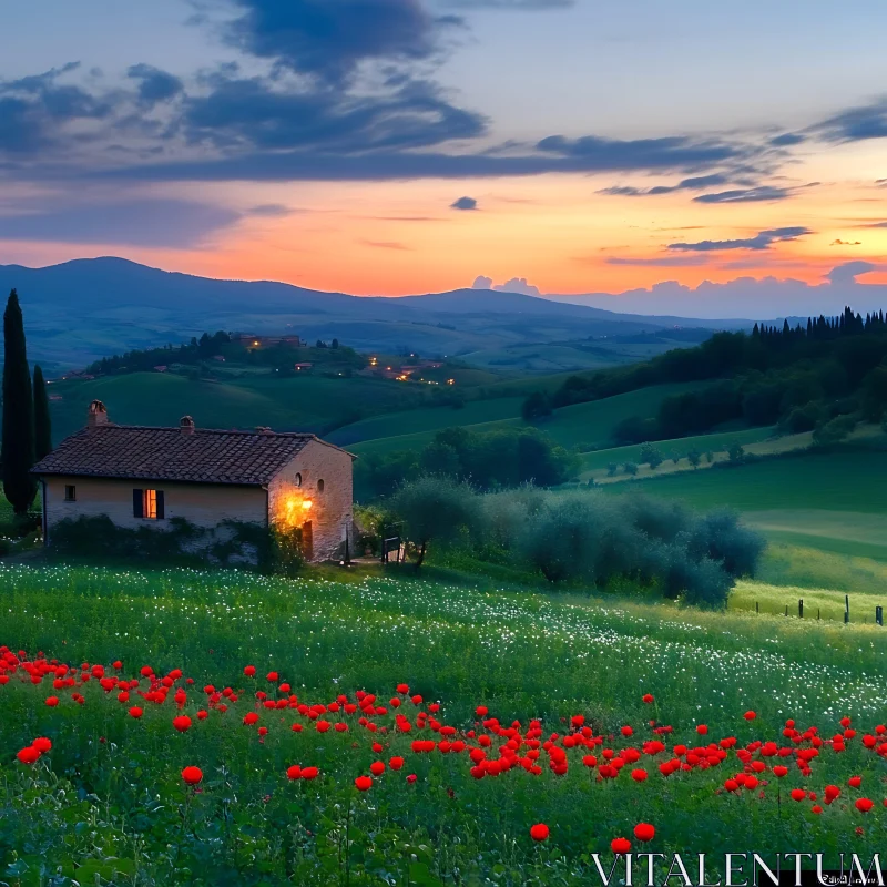 Sunset Over Tuscan Poppy Field AI Image