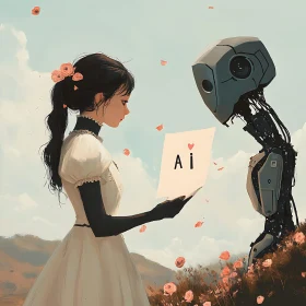 Romantic Encounter: Woman Giving Card to Robot