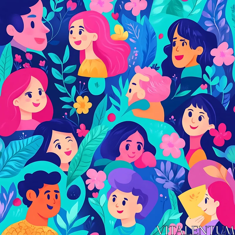 Floral People Cartoon Art AI Image