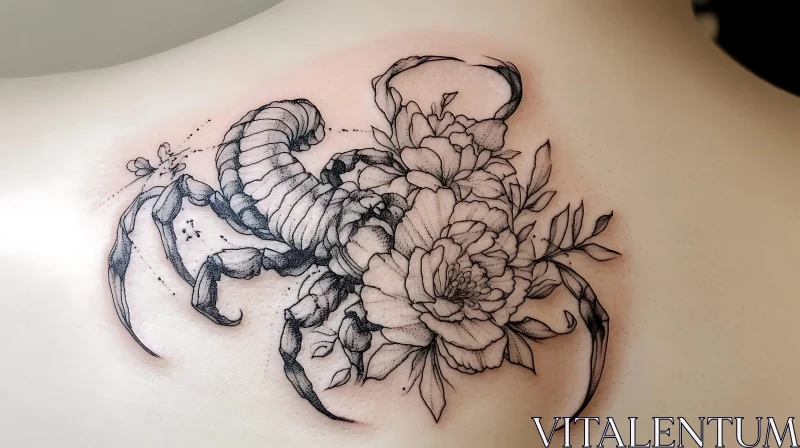 Black Ink Tattoo of Scorpion and Flowers AI Image