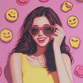 Happy Woman Cartoon with Smiley Background