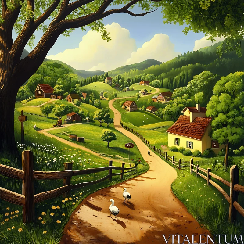 Idyllic Countryside Scene with Ducks AI Image