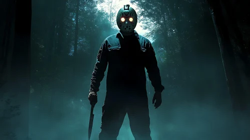 Menacing Masked Figure in Dark Forest