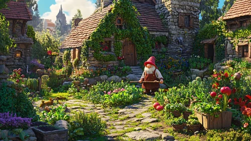 Whimsical Gnome in Blooming Garden