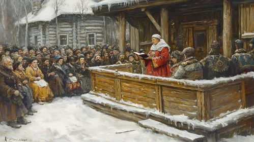 Snowy Congregation Listening to a Reading