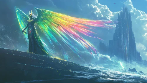 Angel with Rainbow Wings on Cliff Edge