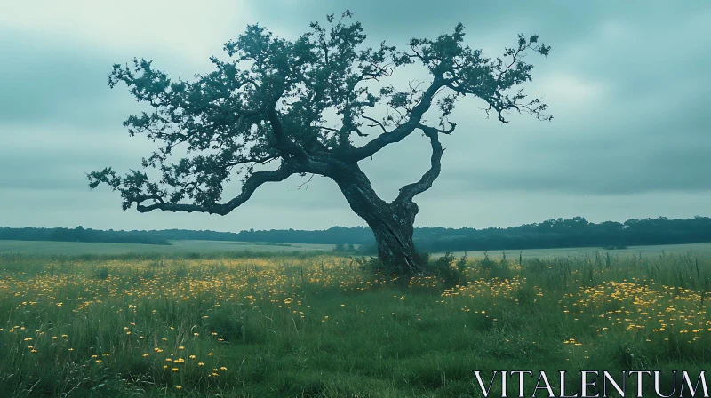 Solitary Tree in Field of Flowers AI Image