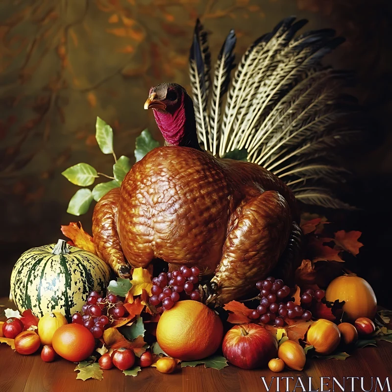 Roasted Turkey with Fruits and Autumn Leaves AI Image